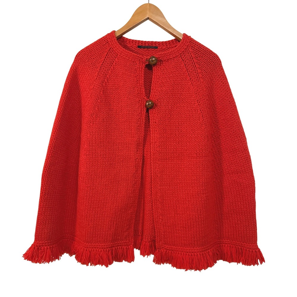 Lucky Brand Cape Women L Red Wool Fringe Boho Outerwear Layering Festival